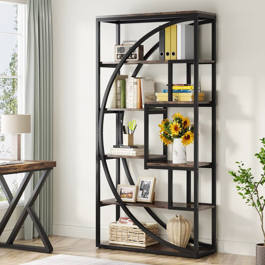 LTLLLE TREE Bücherregal im Industrial-Design mit 8 offenen Ablagefächern, 5-stufige Leiter-Etagere, Höhe: 180 cm, Farbe: Schwarz-Braun - Bild 5
