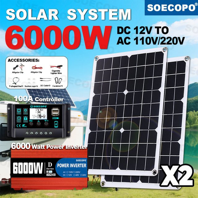 SOECOPO 6000 W Solarsystem-Kit mit 2 x 500 W Photovoltaik-Panels, 100 A Controller und Wechselrichter DC 12 V zu AC 110 V/220 V in Schwarz - Bild 1
