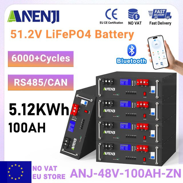 ANENJI LiFePO4-Akku 51,2V 100Ah 5kWh in Schwarz mit BMS und RS485/CAN für Heim-Solarsysteme - Bild 1