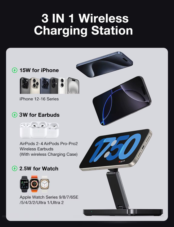 AUFU 3-in-1 Faltbare Magnetische Kabellose Ladestation für MagSafe, iPhone, Apple Watch und AirPods in Schwarz - Bild 4