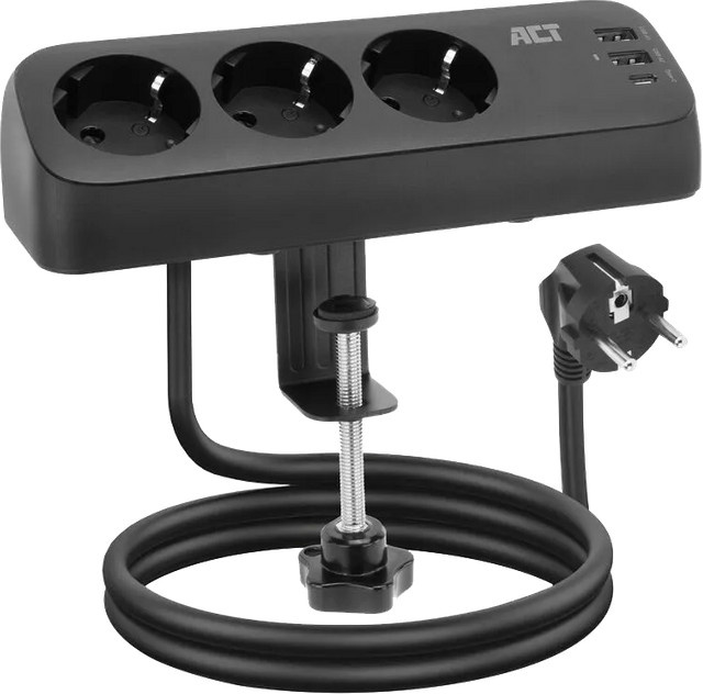 ACT AC2480 Schreibtisch-Steckdosenleiste 3-fach mit 3x USB 30 W in Schwarz, Kabellänge: 1,5 Meter - Bild 1