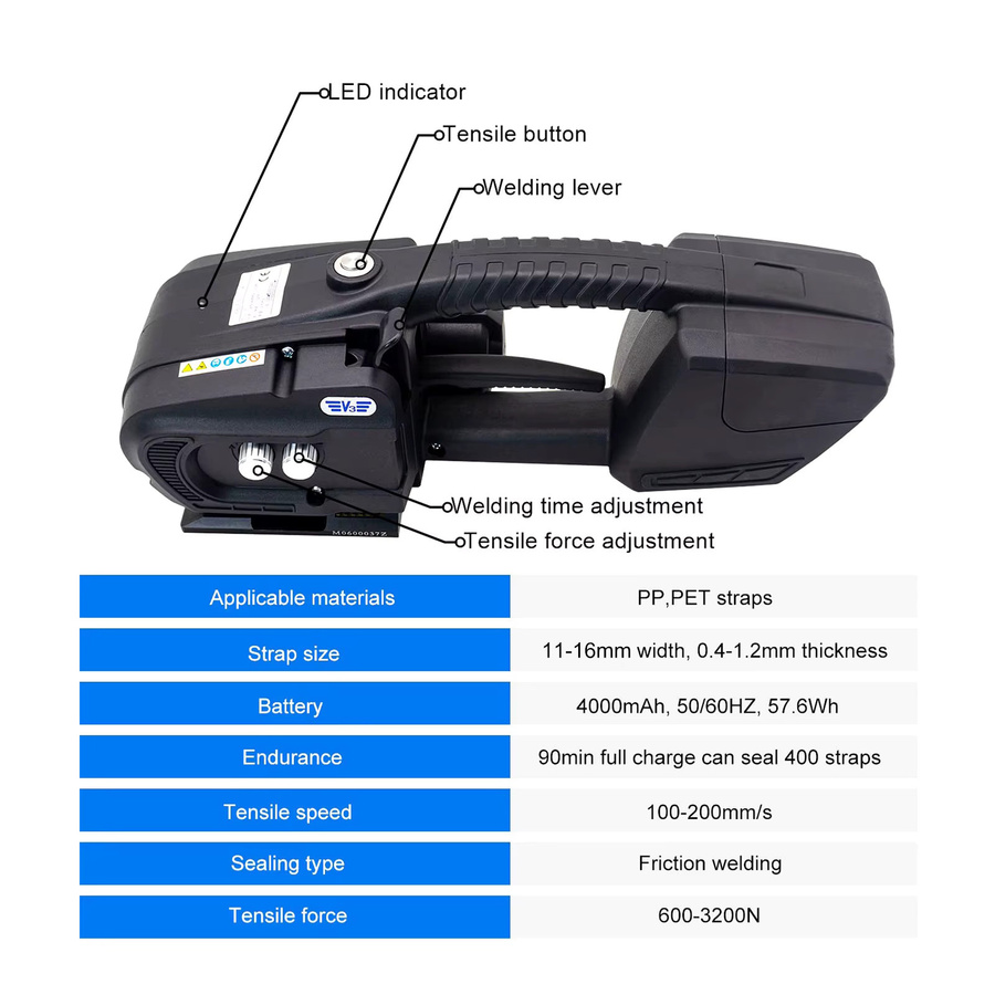 Podofo Wiederaufladbares Heißschmelz-Umreifungsgerät V3 Tragbare Automatische Elektrische Bündelmaschine in Schwarz für 11-16mm PP PET Band mit 3200N und 4000mAh Akku - Bild 4