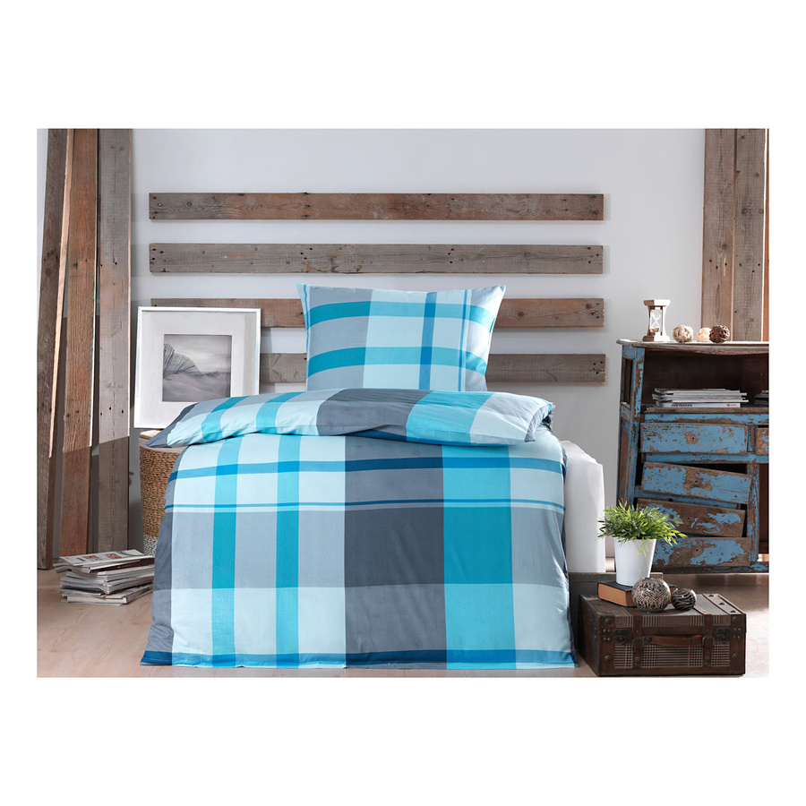 Bettwäsche-Set Moderne Hausfrau aus Baumwolle, 2-teilig, Türkis, Karo-Design, B/H: 135 x 200 cm - Bild 3