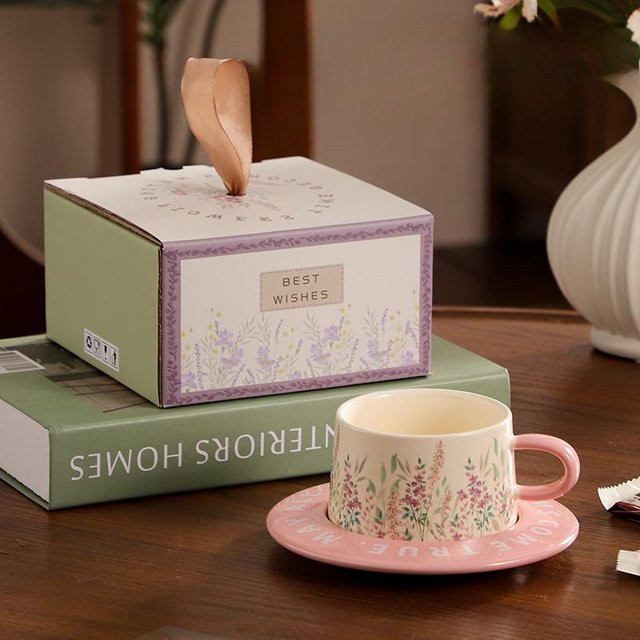 Exquisites Keramik-Kaffeetassen-Set mit floralem Design und Deckel, Mehrfarbig, 250 ml - Bild 1