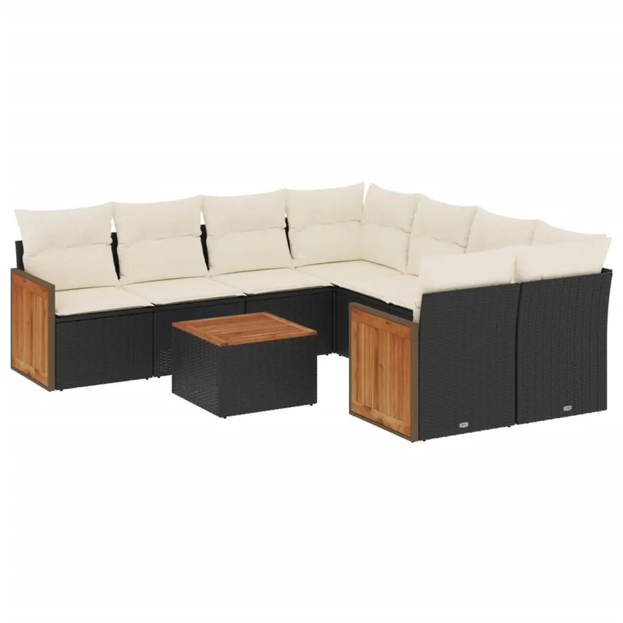 vidaXL 9-teilige Garten-Sofagarnitur in L-Form aus Poly-Rattan und Akazienholz mit Kissen in Schwarz-Creme - Bild 2