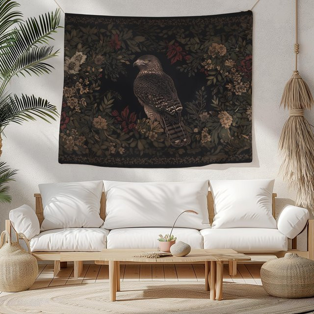 VIKAMA Wandteppich im Retro-Stil mit Adler, Falken und Blumen in Schwarz und Multicolour, Breite: 60 cm, Höhe: 40 cm - Bild 1