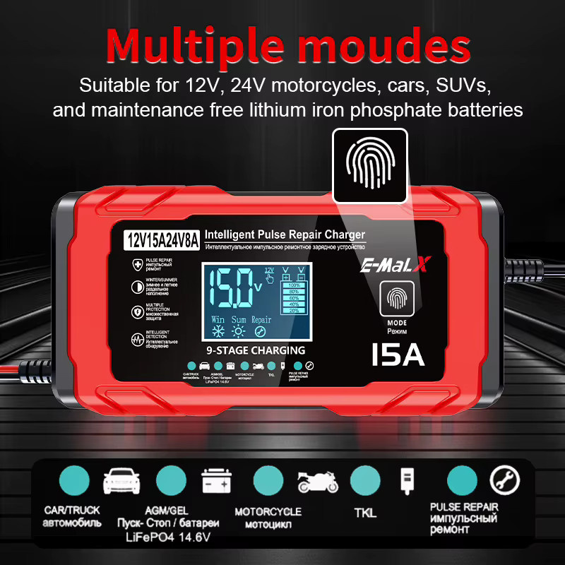 WAPUNO Intelligentes Autobatterie-Ladegerät 12V 24V 15A 8A Schnellladegerät mit Pulsreparatur für AGM GEL WET Blei-Säure Batterien in Rot - Bild 2