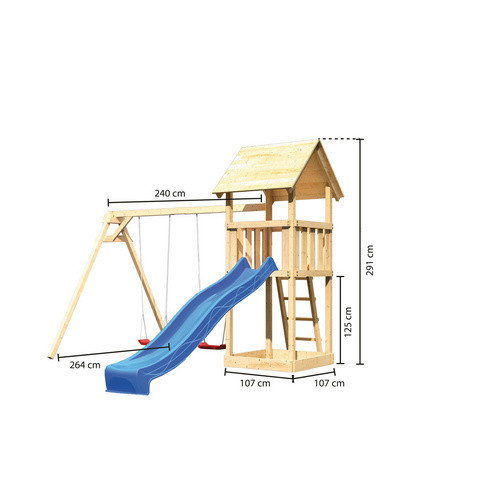 Karibu Spielturm Lotti mit Satteldach, Rutsche und Doppelschaukel in Blau und Braun - Bild 3