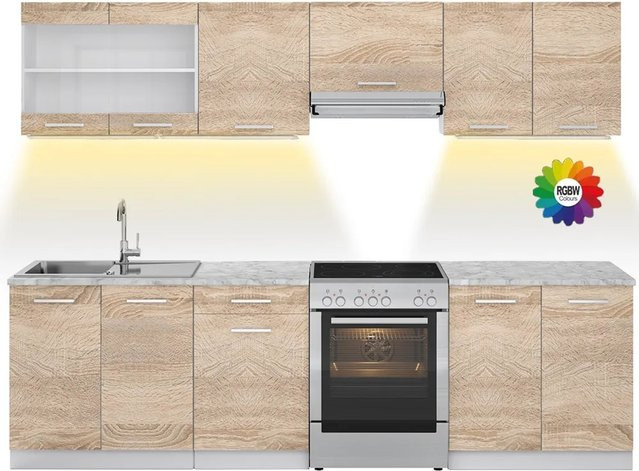 Vicco Raul Küchenzeile Sonoma in Weiß, Braun und Beige mit Marmor-Optik und LED-Leisten, Breite: 270 cm - Bild 1