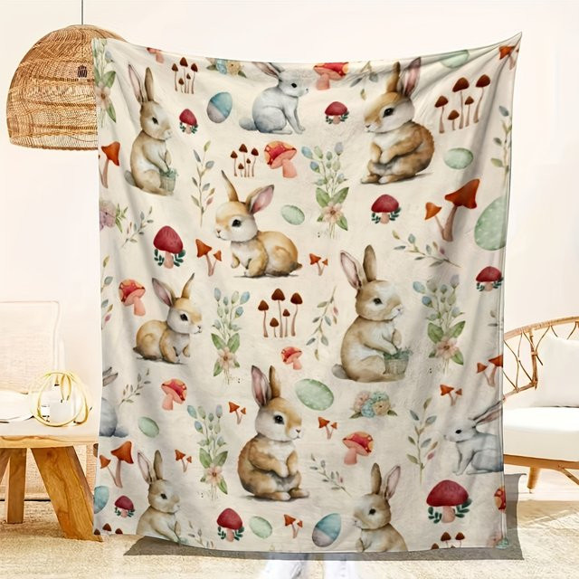 VIKAMA Osterhase Blumen-Überwurfdecke aus Flanell in Multicolour mit Hasen- und Pilz-Print für das Kinderzimmer - Bild 1