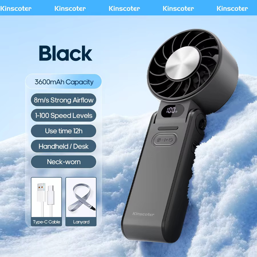 Kinscoter Tragbarer Handventilator in Schwarz mit 3600 mAh Akku, 100 Stufen und faltbarem Design inklusive Trageband - Bild 3
