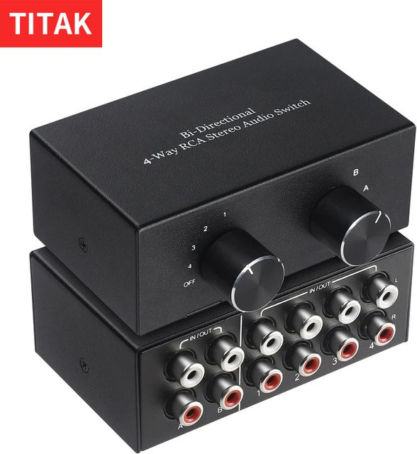 TITAK 4-Wege-Stereo Audio-Umschalter RCA Splitter Switch Selector 2 x 4 und 4 x 2 L/R Soundkanal in Schwarz - Bild 1