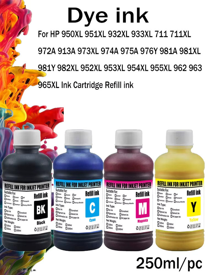 HP Dye Ink Nachfüllset für Tintenpatronen 250 ml kompatibel mit HP 950XL 951XL 932XL 711XL 972A 973XL 975 976Y 981XL 982XL 955XL 962 963 965XL - Bild 2