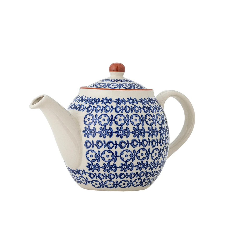 Bloomingville Teekanne Karine aus blauem Steingut mit floralem Muster, Durchmesser: 14 cm, Höhe: 16 cm - Bild 1