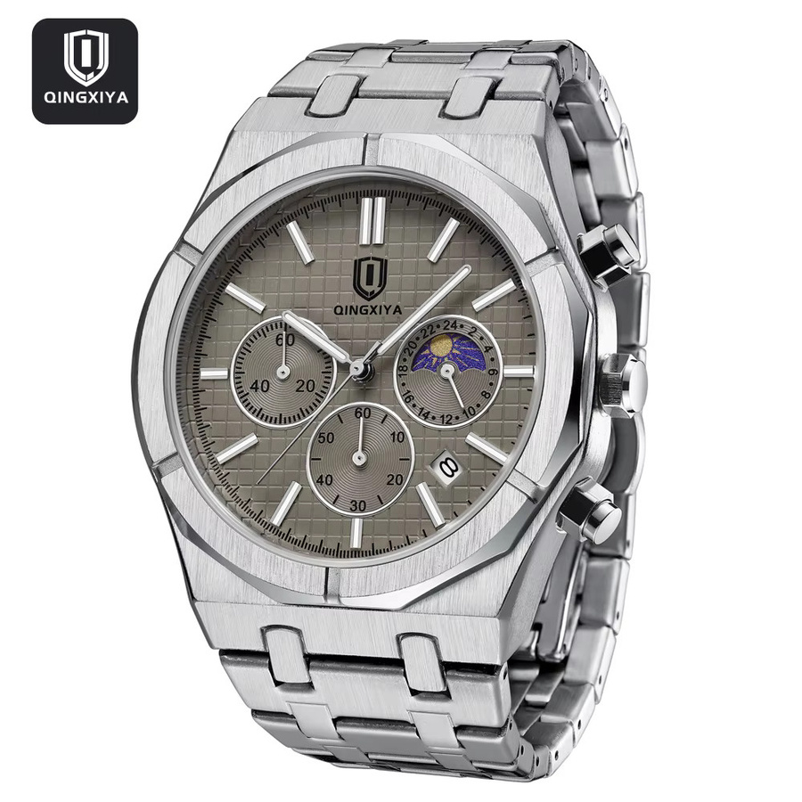QINGXIYA Chronograph, Quarz, Edelstahl, Grau, Silber, Herren - Bild 3