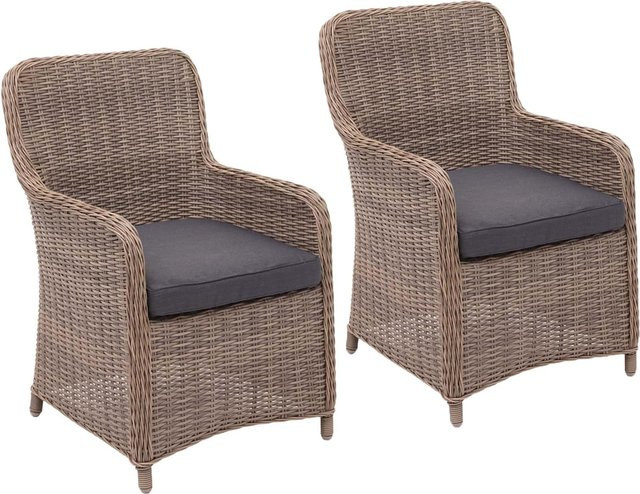 2er-Set MCW Poly-Rattan Gartenstühle E98 in Beige mit grauen Kissen - Bild 1