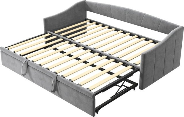 PXloue Tagesbett Schlafsofa aus Samt und Massivholz in Grau, ausziehbar von 90 cm auf 180 cm, B/T/H: 180 x 90 x 75 cm - Bild 1