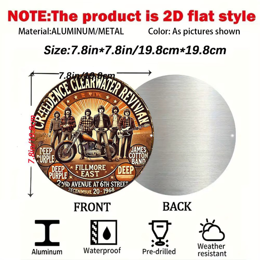 Vintage Creedence Clearwater Revival Band Metallwandkunst Potdemiel – Rundes Aluminiumschild Deep Purple und Fillmore East in Multicolour, Durchmesser: 20 cm - Bild 2