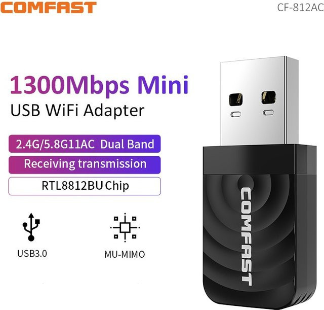 Comfast Dualband WLAN-Adapter 1300 Mbit/s USB 3.0 WiFi-Dongle mit MU-MIMO und AP-Funktion in Schwarz - Bild 1