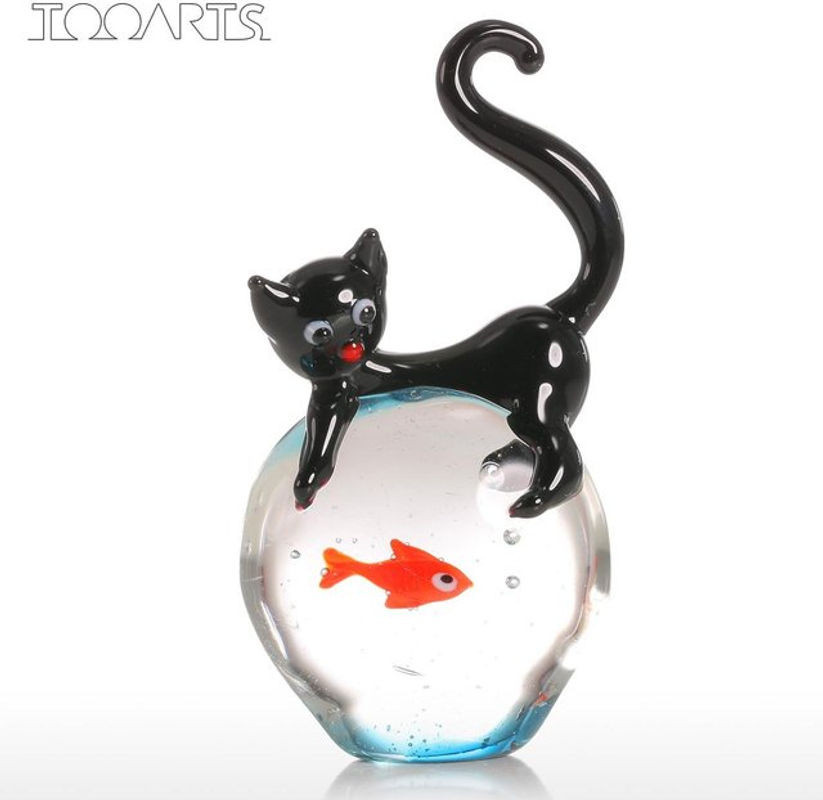 Tooarts Glasornament Katze und Goldfisch, mundgeblasene Tierfigur in Schwarz und Rot zur Innendekoration - Bild 1