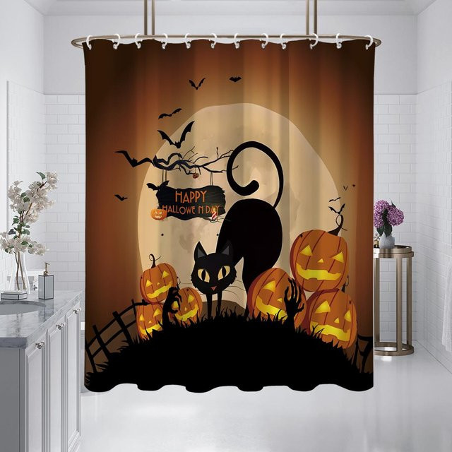 Wasserdichter und schimmelresistenter Halloween Duschvorhang mit Katze und Kürbis Motiv in Orange und Schwarz, B/H: 180 x 180 cm - Bild 1