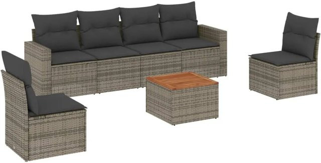 vidaXL 7-tlg Garten-Sofagarnitur aus Poly Rattan und Akazienholz in Grau mit Kissen - Bild 1