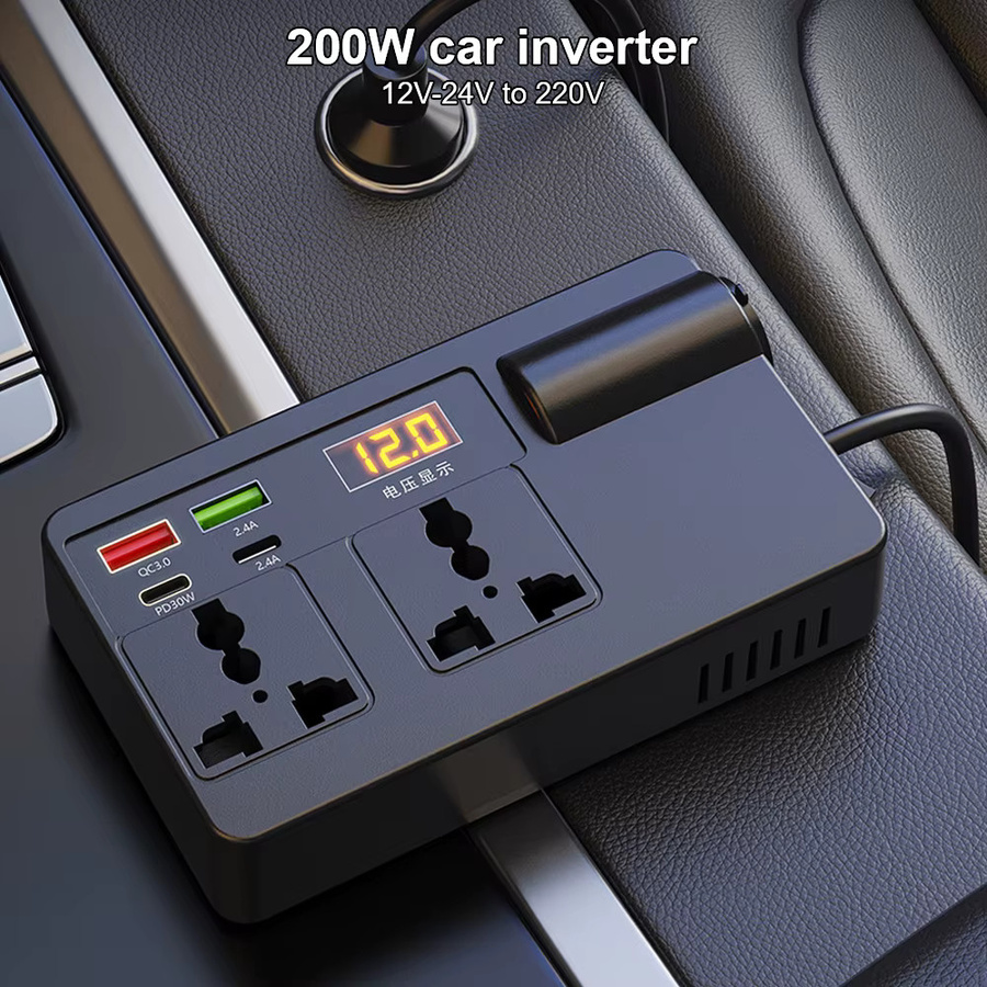 Universal Auto Inverter 200W Netzteil DC 12V/24V zu AC 220V Konverter mit USB/PD/Typ-C Anschlüssen in Schwarz - Bild 2