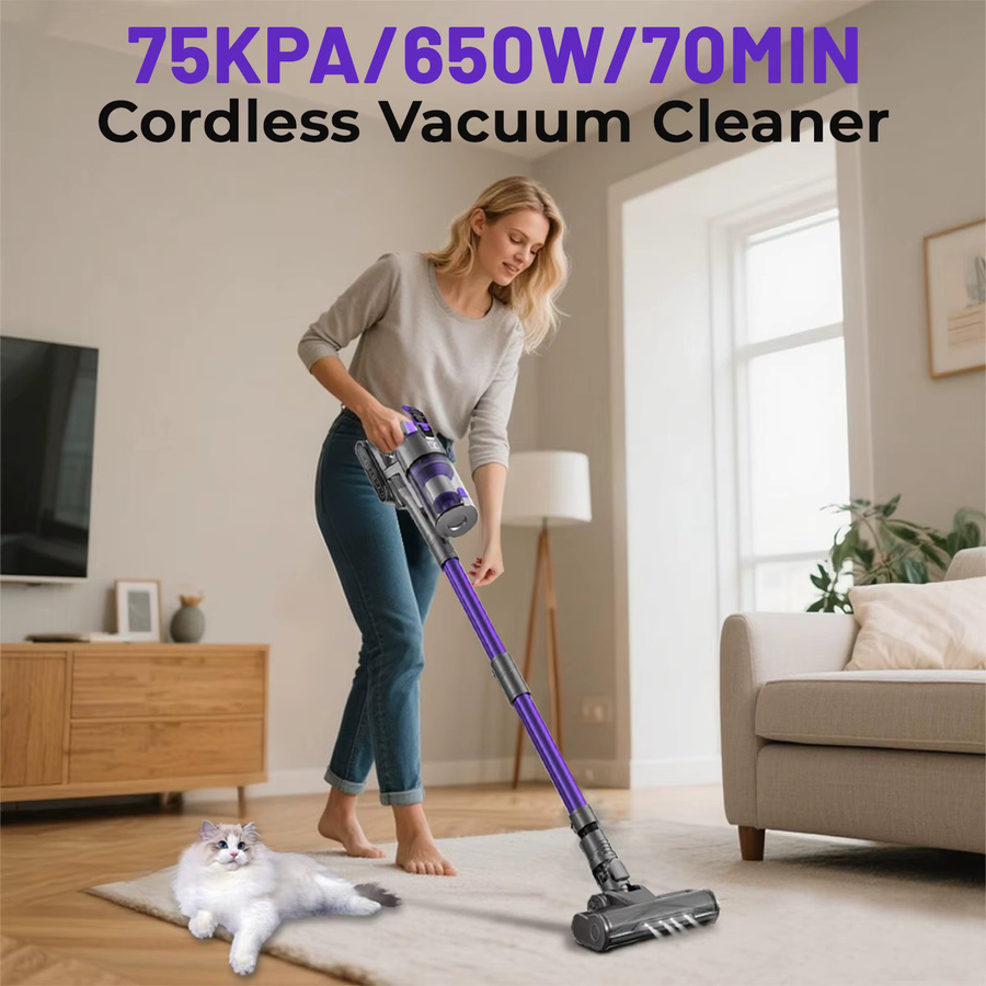 Yanhama Kabelloser Akku-Staubsauger in Lila mit 650W Leistung, 75000PA Saugkraft, HEPA-Filter, LED-Anzeige und 1,6 l Behälter - Bild 2
