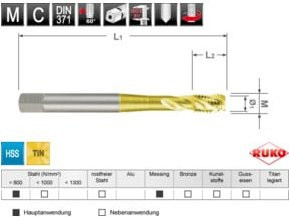 RUKO Maschinengewindebohrer M DIN 371 HSS-TiN M 5 in Gold, Form C / 35° RSP - Bild 1