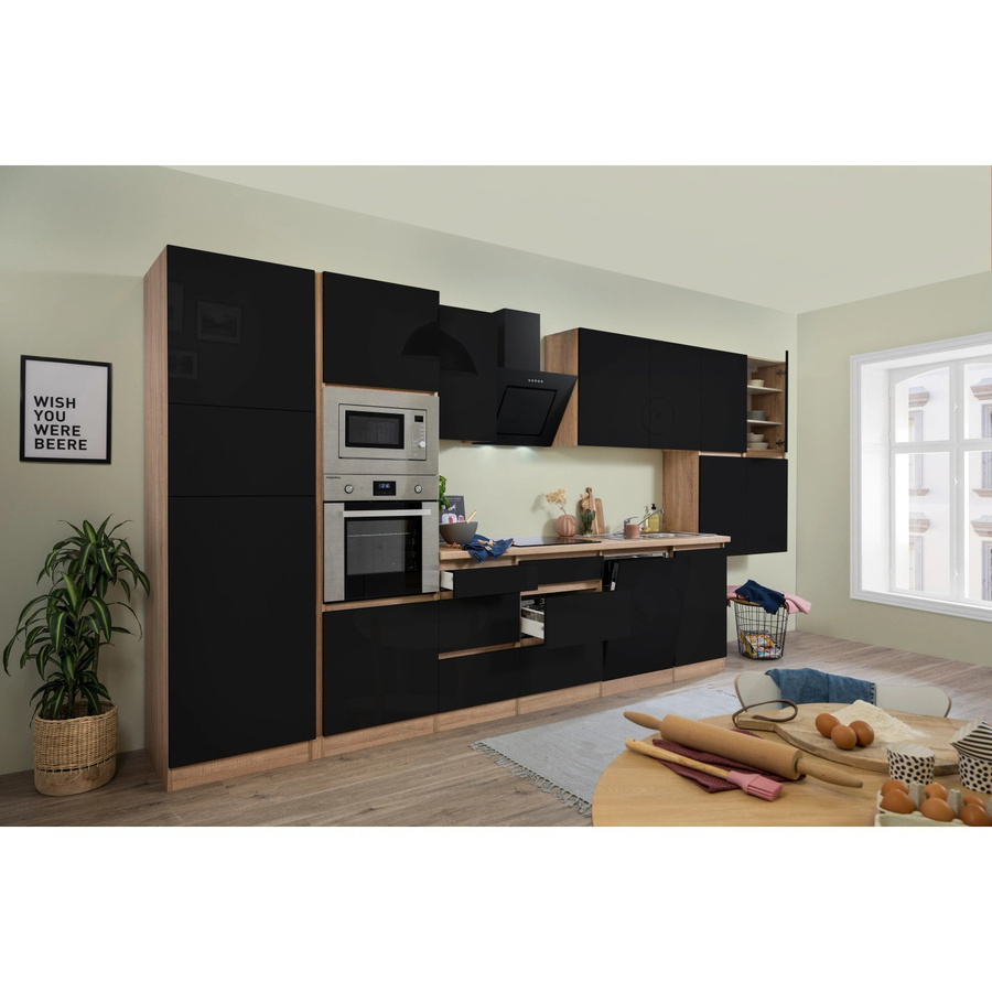 Respekta Premium Küchenzeile Schwarz Hochglanz Eiche Sonoma B/H/T: 445 x 220,5 x 60 cm - Bild 2