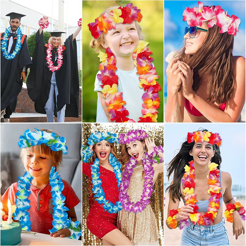 ZQNYCY 4er Set Hawaiianische Leis-Girlanden mit Armbändern in Pink und Multicolor, Künstliche Blumenkränze für Luau und tropische Geburtstagsfeiern - Bild 2