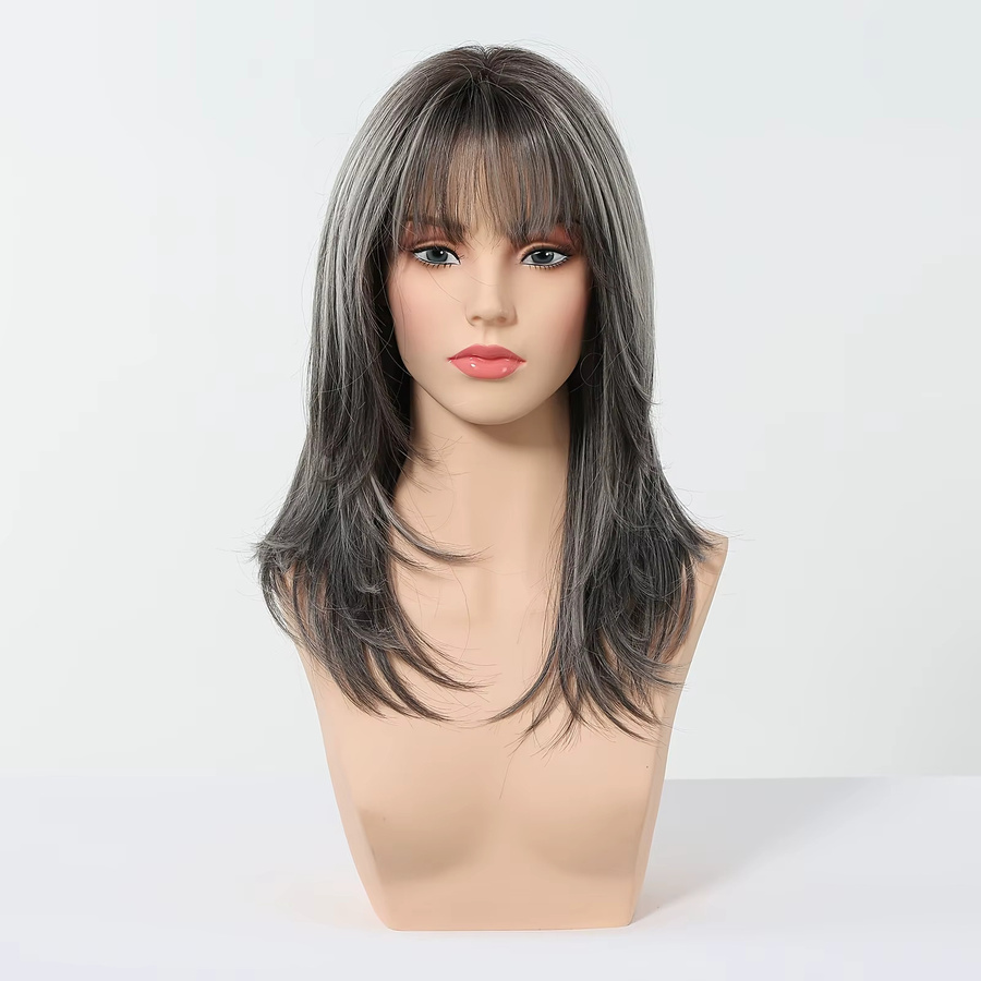 Schwarz-graue Ombre-Perücke, mittellang, gerade, synthetisch, mit Pony, Damen - Bild 3
