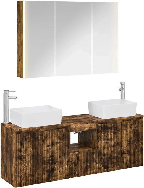 vidaXL Badezimmerschrank-Set 4-teilig aus Holz in Geräucherte Eiche, modern mit LED-Beleuchtung und Waschtischunterschrank, Braun - Bild 1