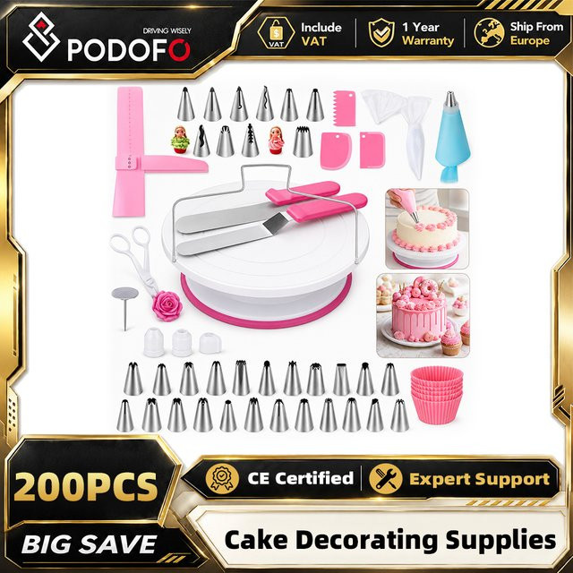 Podofo 200-teiliges Tortendekorations-Set mit runder Tortenplatte und Spritztüllen für Anfänger - Bild 1
