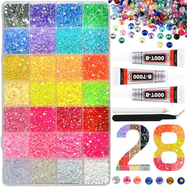 Glänzendes Flatback-Strass-Set in Multicolour mit B 7000 Kleber, Pinzette und Picker-Stift für Nagelkunst, DIY-Bastelarbeiten und Schmuckdeko - Bild 1