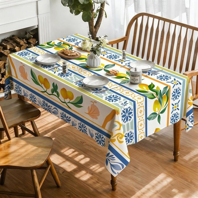 JMG Household Supplies Tischdecke mit Zitrone- und Blumendruck im Mittelmeer-Stil, B/B: 90 x 140 cm, Blau/Mehrfarbig - Bild 1