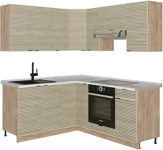 Vicco Fame-Line Eckküche Eiche Paneel Goldkraft mit Marmor-Optik, B/T/H: 160 x 190 cm, Modernes Design ohne Elektrogeräte - Bild 1