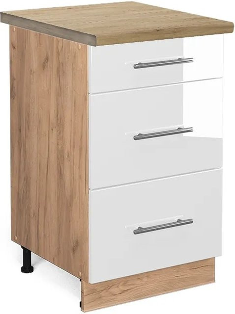 Vicco Küchenunterschrank Fame-Line Weiß Hochglanz und Eiche mit Soft-Close-Türen und Schubladen B: 50 cm, T: 60 cm, H: 82 cm - Bild 1