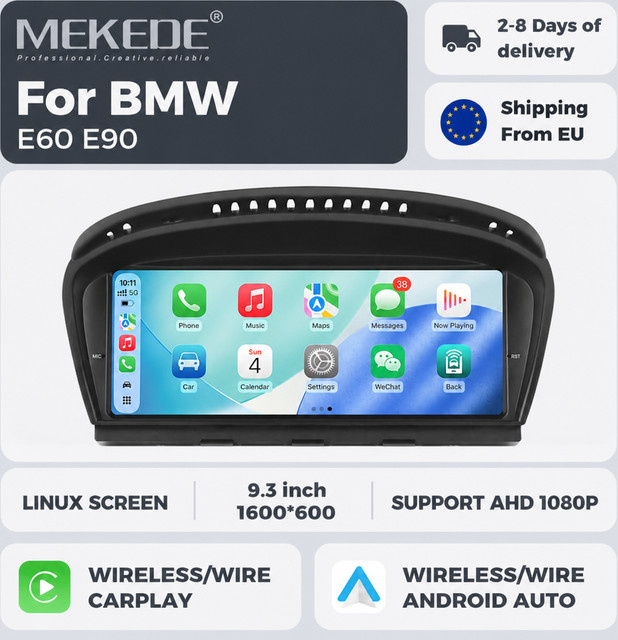 MEKEDE Linux-System Multimedia-Display mit 9,3 Zoll für BMW 3er E90 E91 E92 E93 und 5er E60 E61 E62 E63 E64 CIC CCC-System, kabelloses CarPlay und Android Auto, Schwarz - Bild 1