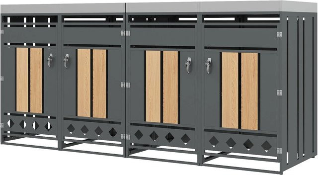 PXloue Mülltonnenbox mit 4 Fächern und Pflanzkasten in Grau Anthrazit mit Holzoptik aus verzinktem Stahlblech und abschließbarer Funktion - Bild 1
