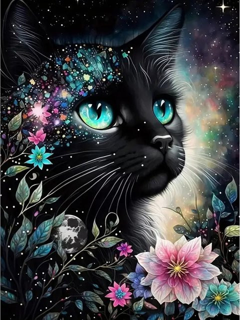 YUTTEE Diamant Stickerei Set Schwarze Katze als Mosaik Bild mit Strass Steinen für DIY Handwerk in Schwarz - Bild 1