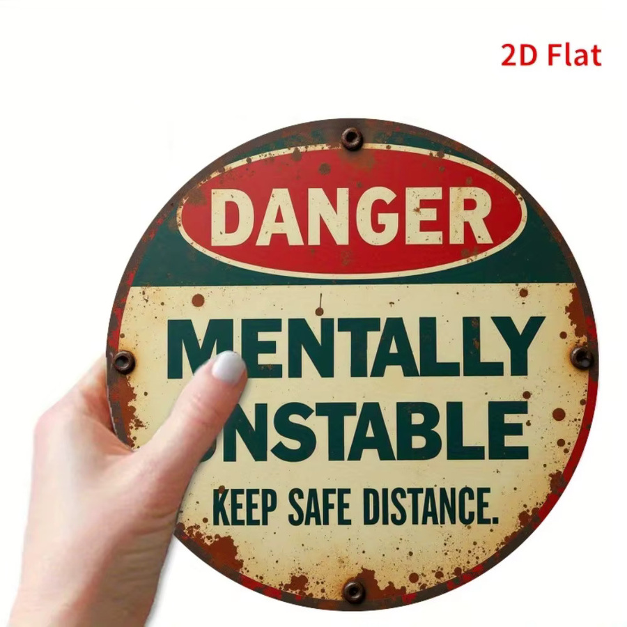 Rundes Metallwarnschild von Potdemiel im Vintage-Stil mit der Aufschrift Gefahr mental instabil in Grün und Gelb mit Blattakzenten, Durchmesser: 20 cm - Bild 3