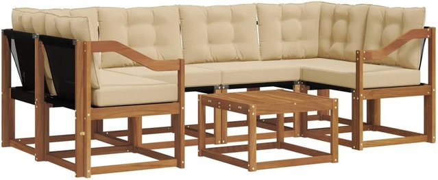 vidaXL Outdoor-Sofagarnitur 7-teilig aus Akazienholz und Textilene in Natur-Beige mit Kissen und Armlehnen - Bild 1