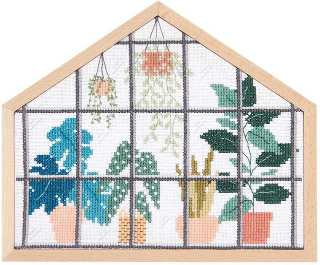 Rico Design Urban Jungle Stickpackung klein aus Baumwolle und Holz in Hausform zum Aufhängen - Bild 1