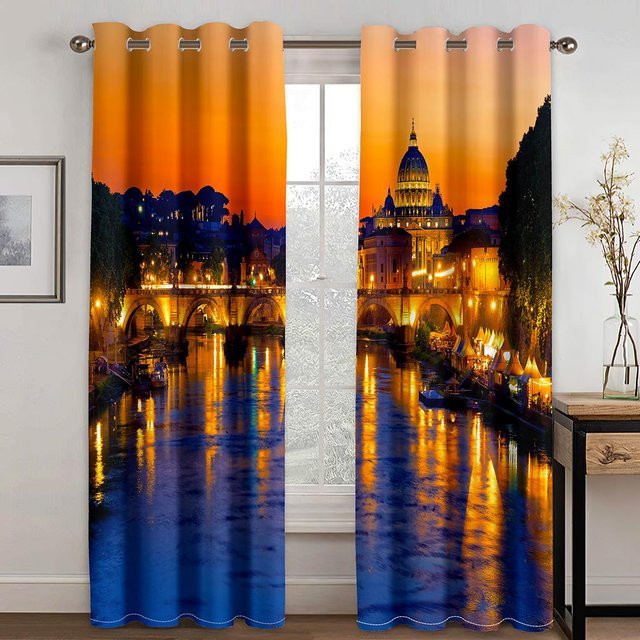 Yiran Furniture Dekorative Vorhänge mit Stadt-Sonnenuntergang und europäischer Architektur, 2er-Set, halbtransparent, Mehrfarbig, Breite: 130 cm, Höhe: 230 cm - Bild 1