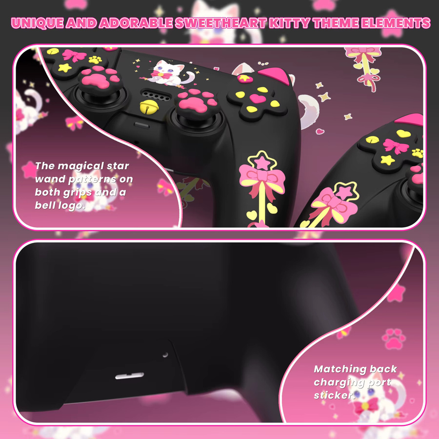 PlayVital Silikonhülle mit Joystickkappen und Aufklebern für PS5-Controller und PS5-Ladestation in Black Sweetheart Kitty - Bild 3