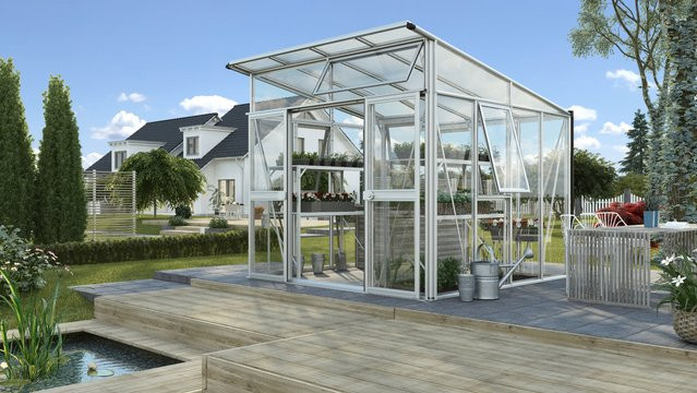 Vitavia Gewächshaus Aura 7800 in Silber mit Aluminiumrahmen, Pultdach, Doppel-Schiebetür und Zylinderschloss, Fläche: 7,8 m² - Bild 1
