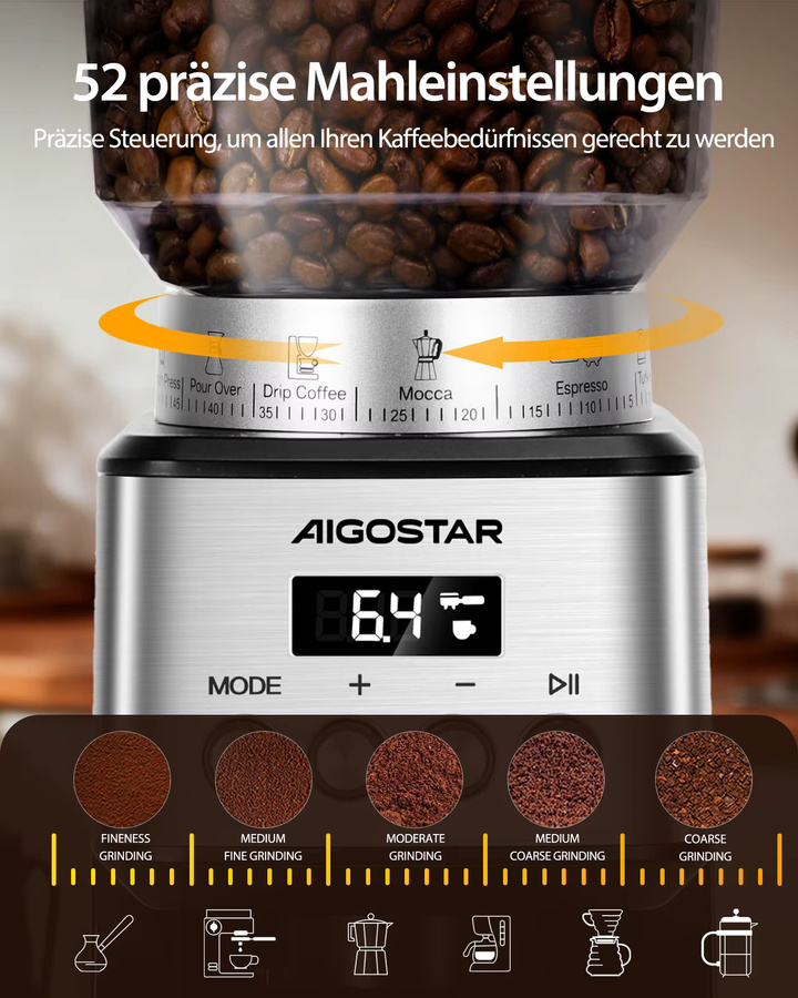 Aigostar Elektrische Kaffeemühle mit Kegelmahlwerk aus Edelstahl in Silber mit 52 Mahleinstellungen und Digitaldisplay für Espresso, Filterkaffee und Siebträger - Bild 2