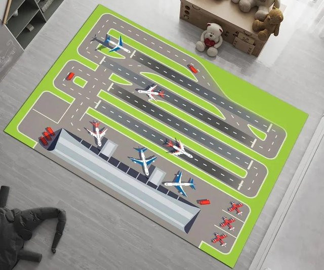 Lodestar Flughafen-Startbahn Kinder-Teppich mit Flugzeug-Motiv, rutschfeste Spielmatte aus Polyester, B/B/H: 60 x 40 x 1 cm, Mehrfarbig - Bild 1
