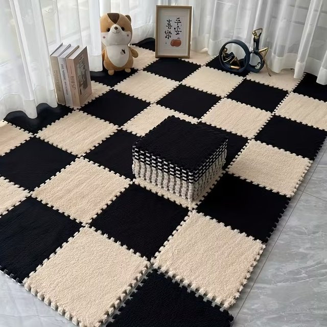16-teilige DHDH Baby-Aktivitäten-Matte aus EVA-Plüschschaum, rutschfester Puzzle-Spielteppich im Checkerboard-Design, Schwarz-Braun, rechteckig - Bild 1